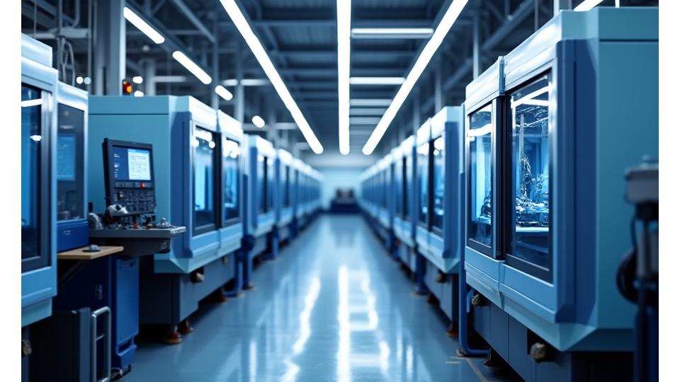 Interior of a modern workshop with several shining CNC machines actively machining metal components