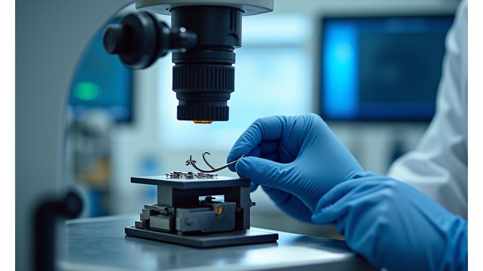 A close-up of a technician performing metallurgical testing on a fishing hook under a microscope