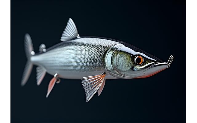 A sleek, elongated, silver-scaled forged pike lure with detailed fins and predatory eyes.