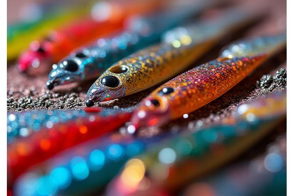 Palette of vibrant, custom fishing lure finishes and colors, showcasing metallic, iridescent, and matte options