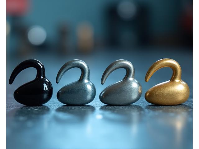 Various fishing jig prototypes made from different materials, showcasing plastic, steel, and aluminum with distinct finishes