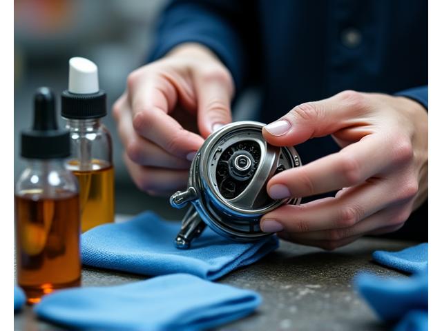 Fishing reel being cleaned and maintained