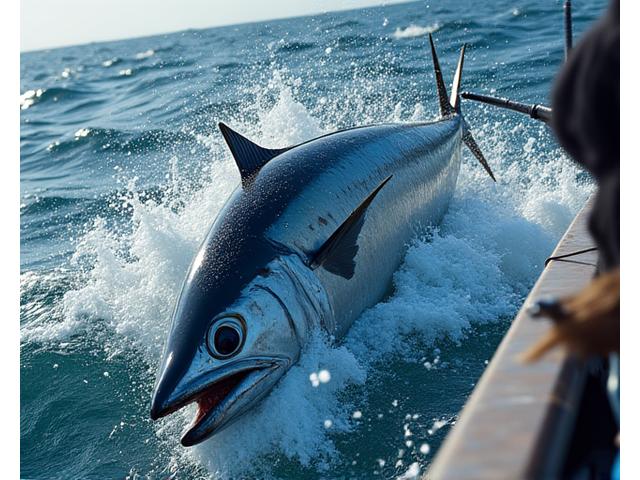 Deep sea fishing boat battling a large saltwater fish